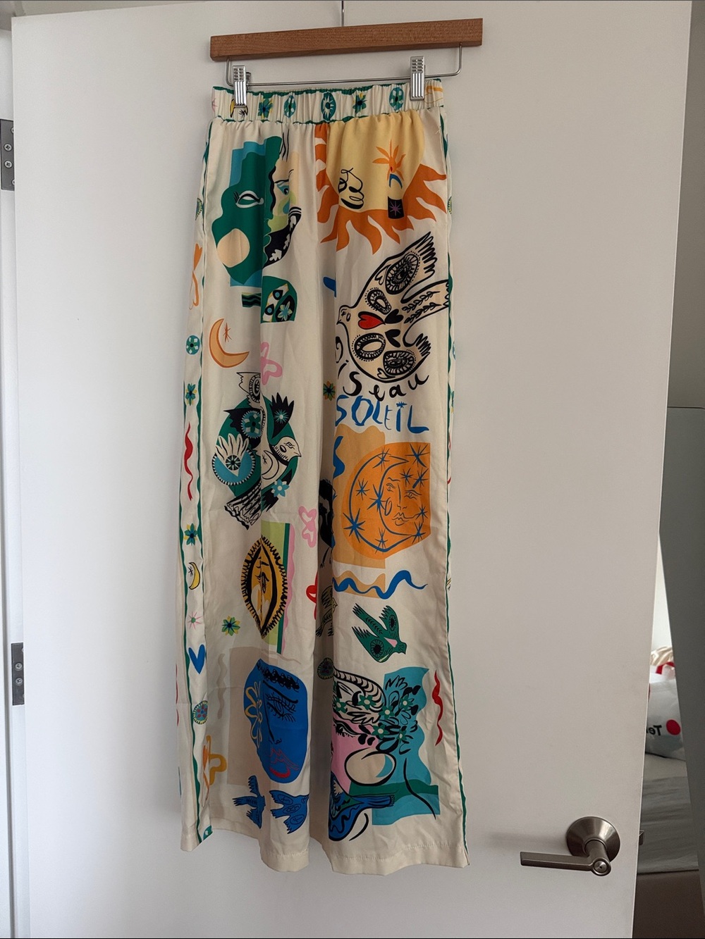 Commense Cream Wide-Leg Printed Trousers with Multicolor Artwork